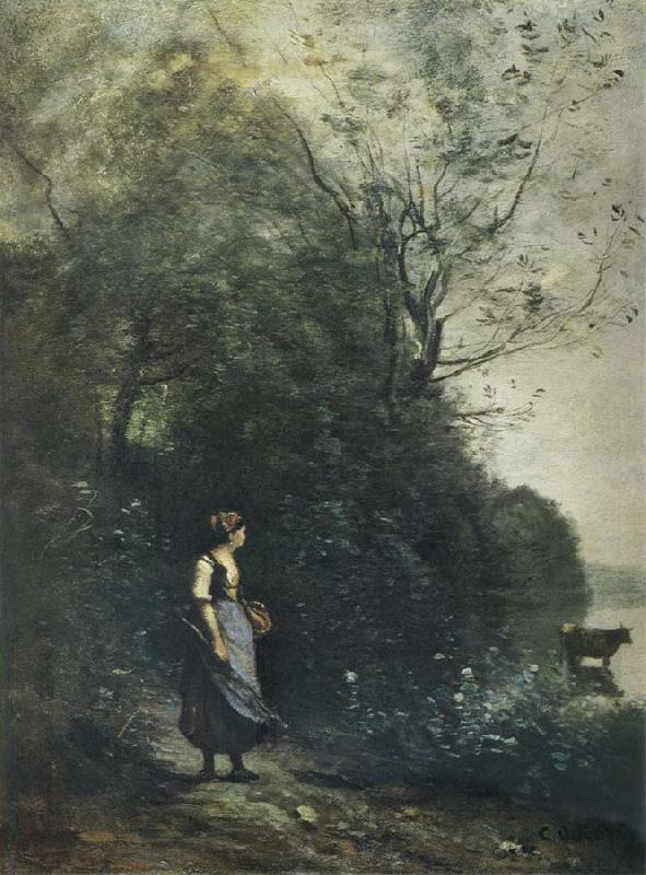 Jean Baptiste Camille  Corot Landscape with a peasant Girl grazing a Cow at the Edge of a Forest oil painting picture